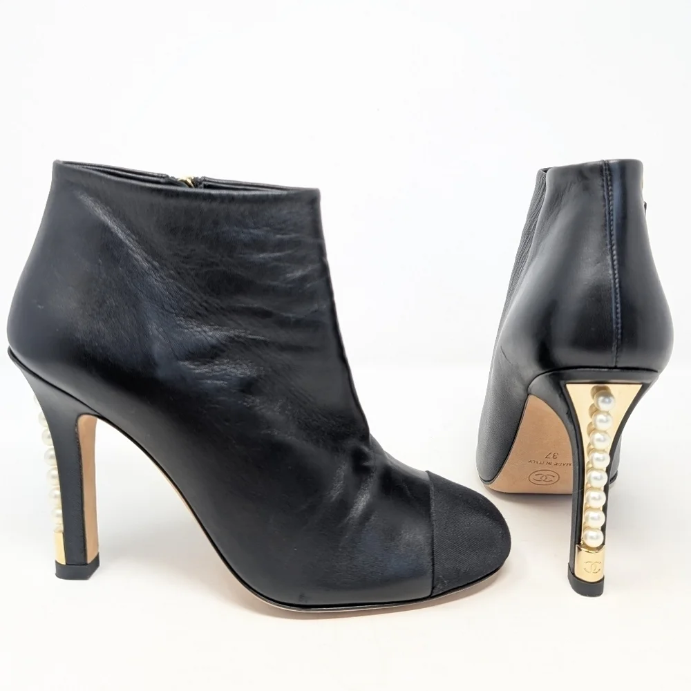 Chanel Cap Toe Pearl Stiletto Heel Black Ankle Boots Celebrity CC Logo Size 37